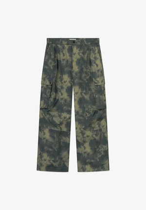 Loose-fit cargo pants with green and dark gray cloud-like camouflage print, belt loops, front button closure, and flap pockets on each thigh.