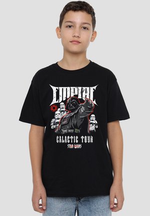 Black short-sleeve t-shirt featuring a graphic of Darth Vader and Stormtroopers, with "Empire Galactic Tour" text in white and red.