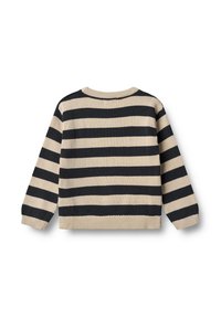 Gestreifter Strickpullover in Beige und Marineblau, mit langen Ärmeln, rundem Ausschnitt und gerippten Bündchen und Saum. Glatte Textur und lässiges Design.