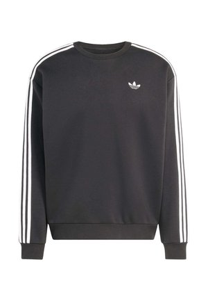 Felpa nera in morbido tessuto, con strisce bianche lungo le spalle e un piccolo logo bianco sul petto. Design classico con girocollo.