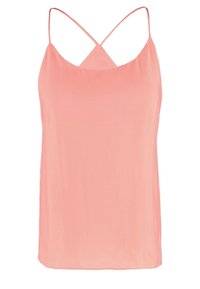Camisola de color rosa claro con tirantes finos y un diseño entrecruzado en la parte posterior. Fabricada en una tela suave y ligera. Sin patrones ni acentos.