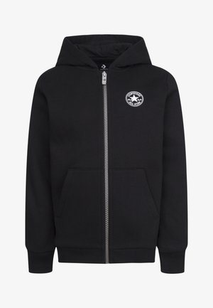 Zwarte hoodie met ritssluiting, gemaakt van een katoenmix, met een voorzak, geribbelde manchetten en een ronde logo op de linkerborst.
