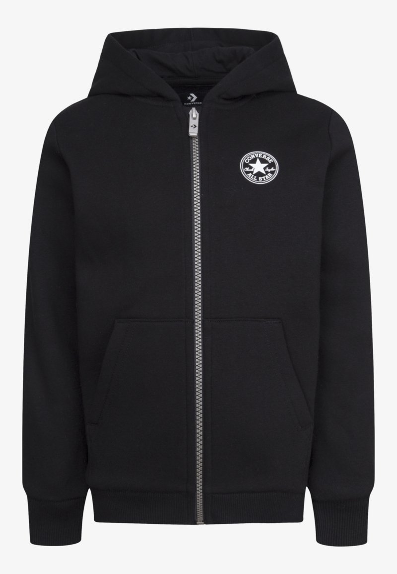 Crna majica s kapuljačom na patentni zatvarač, izrađena od pamučne mješavine, s prednjim džepom na trbušnoj strani, rebrastim manšetama i okruglim logom na lijevoj strani prsa.