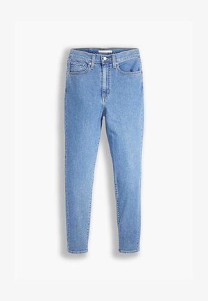 Jeans in denim azzurro chiaro con vestibilità slim, vita alta, design a cinque tasche, passanti per cintura e chiusura con bottone.
