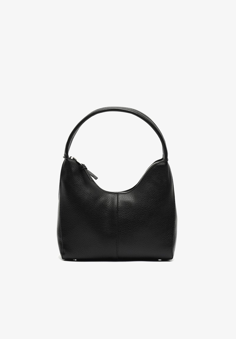 Musta nahkainen olkalaukku, jossa on pyöreä muoto, sileä pintakuvio ja yksi kantokahva. Varustettu vetoketjukiinnityksellä ja minimalistisella suunnittelulla.