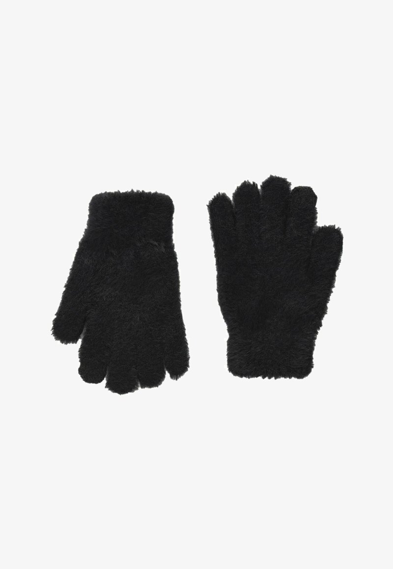 Schwarze, flauschige Handschuhe mit einer weichen Textur, die über fünf Finger und einen engen Bündchen für Wärme verfügen. Keine sichtbaren Details oder Muster.