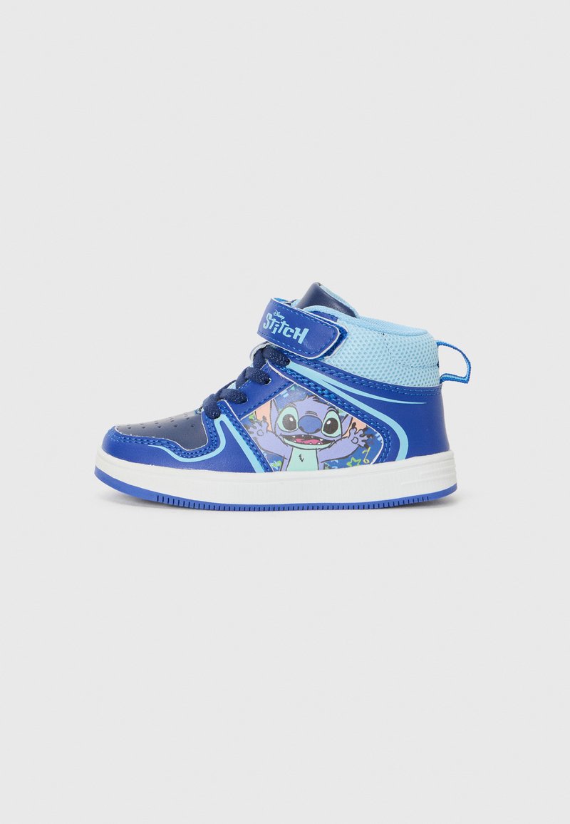 Blue high-top sneakers with mesh and shiny synthetic material. Features a Stitch graphic, lace-up front, and adjustable strap. White sole.