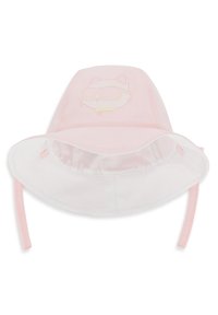 Ροζ βαμβακερό καπέλο τύπου bucket με λευκή εσωτερική πλευρά, διακοσμημένο με κεντημένο σχέδιο αλεπούς που φοράει γυαλιά ηλίου. Διαθέτει ρυθμιζόμενα κορδόνια για δέσιμο.