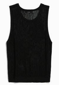 Black knitted sleeveless top with a round neckline, featuring an open weave pattern and ribbed hem. Lightweight and breathable fabric.