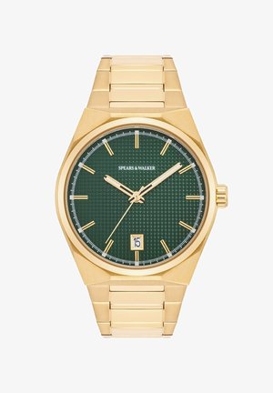 Zlaté kovové hodinky so zeleným štruktúrovaným ciferníkom, hodinovými značkami a dátumovým zobrazením. Obsahujú zlaté ručičky a dizajn náramku s článkami.