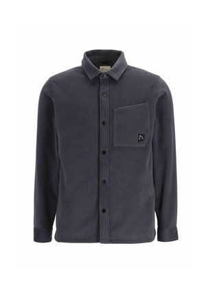 Donkerblauwe overhem shirt van gestructureerde fleece, met een kraag, lange mouwen en een borstzak met een logo-opdruk.