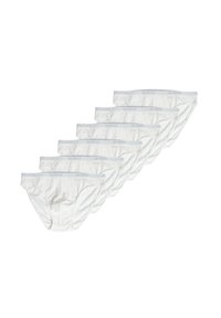 Mutande bianche in cotone impilate in fila, con un morbido elastico in vita che presenta il nome del marchio "Sloggi" in lettere azzurre.