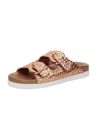 Sandale glissière en rose doré métallique tissé avec deux sangles à boucle, semelle intérieure anatomique et semelle en caoutchouc blanche, présentant une texture lisse et un design minimal.