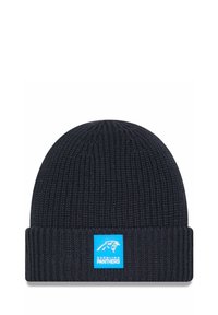 Marinefarbener Beanie aus geripptem Strickmaterial mit einem umgeschlagenen Saum und einem blauen Logo-Patch mit einem Pantherdesign.
