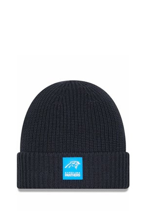 Beanie blu navy realizzato in materiale a costine, presenta un risvolto e una toppa con logo blu che raffigura un pantera.