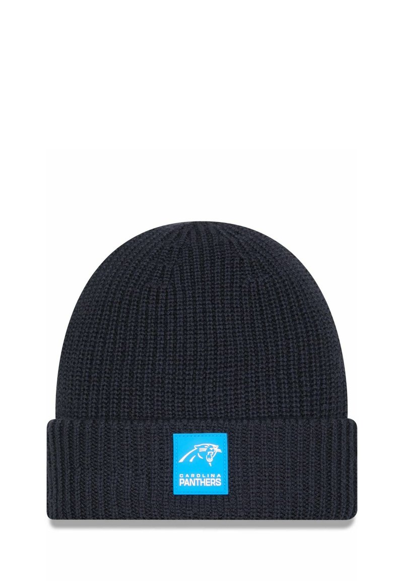 Marinefarbener Beanie aus geripptem Strickmaterial mit einem umgeschlagenen Saum und einem blauen Logo-Patch mit einem Pantherdesign.