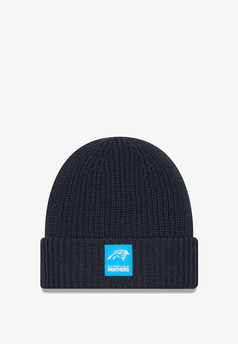 Navy beanie made of ribbed knit material features a fold-over cuff and a blue logo patch with a panther design.