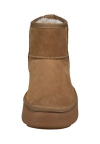 Braune Wildleder-Stiefelette mit weichem, gefüttertem Innenraum, rundem Zehenbereich, schlichten Nähten und einer strukturierten Gummisohle.