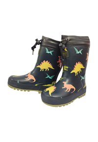 Black rubber rain boots with colorful dinosaur and bird patterns, featuring a textured sole and adjustable drawstring at the top.
