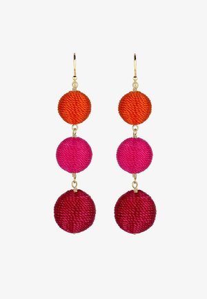 Schmuckohrringe mit vier runden Perlen in Farbverlauf: Orange, Fuchsia, Pink und Dunkelrot. Jede Perle hat eine strukturierte gewebte Oberfläche. Vergoldete Beschläge.