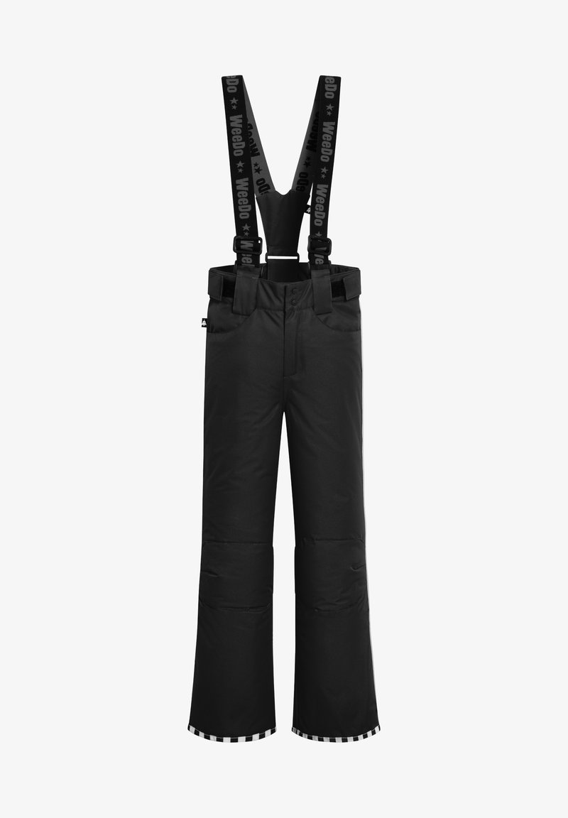 Sorte isolerede snowpants med justerbare seler, brede ben, forstærkede knæsektioner og en stribet detalje ved kanten.