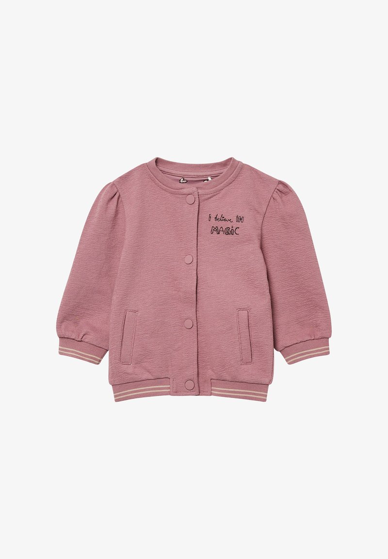 Helles rosa Sweatshirt-Jacke mit rundem Halsauschnitt, langen puffigen Ärmeln, vorderen Knöpfen, zwei Seitentaschen und gesticktem Text "Ich glaube an MAGIE."