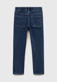 Mörkblå jeans med en stretchig midja, bakfickor och en slim fit-design, med sömdetaljer.