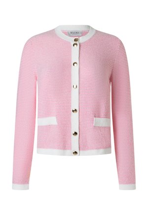 Rosa strukturierte Strickjacke mit weißem Besatz, goldenen Knöpfen vorne und zwei kleinen Vorderkörbchen.