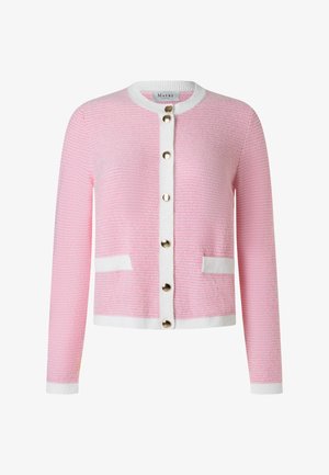 Cardigan rose texturé avec bordures blanches, boutons dorés sur le devant et deux petites poches avant.