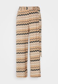 Svajende bukser i et zigzag-mønster med nuancer af brun, sort og creme; selvbånd, brede ben og et let materiale.