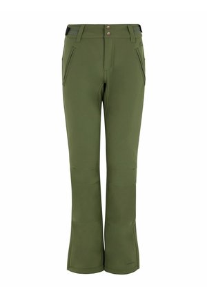 Olivgrüne Hose mit einem Schlagdesign, ausgestattet mit zwei vorderen Reißverschlusstaschen und einem strukturierten Taillengummi mit Knöpfen. Weicher, dehnbarer Stoff.
