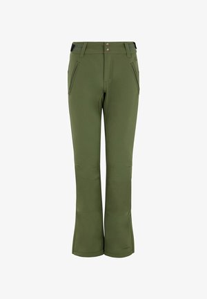 Olivgrüne Hose mit einem Schlagdesign, ausgestattet mit zwei vorderen Reißverschlusstaschen und einem strukturierten Taillengummi mit Knöpfen. Weicher, dehnbarer Stoff.