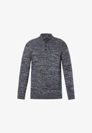 Tummanharmaa ja valkoinen marled-neulepuvun neuletakki, jossa on pitkät hihat ja kolme nappia henley-kauluksessa.