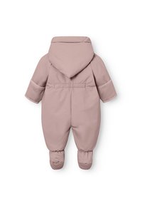 Rosa polstret snowsuit med hette, elastiske mansjetter og fotdeksler. Glatt tekstur, minimalistisk design. Egnet for kaldt vær.