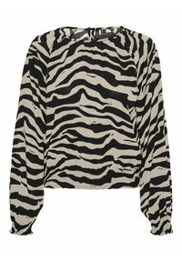 Blusa a maniche lunghe nera e beige con un motivo a strisce zebra, scollatura rotonda e dettagli arricciati ai polsini e all'orlo.