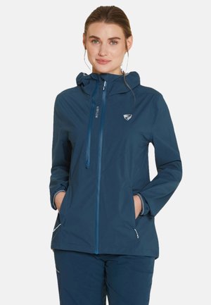 Navy blue waterproof jacket with a hood, front zipper, and adjustable drawstrings. Features side pockets and textured cuffs.