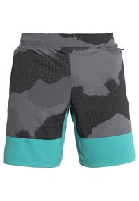 Šedé plavkové šortky s texturovaným vzorem a jednobarevným tyrkysovým lemem. Materiál se jeví jako lehký a rychleschnoucí.