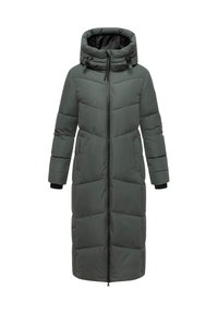 Abrigo de invierno largo, acolchado y de color verde oscuro, con capucha, cremallera frontal completa y bolsillos laterales, y mangas negras con puños.