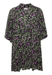 Schwarzes Blumenkleid mit lila und grünen Blumen, fließendes Design, kurze Ärmel und runder Ausschnitt. Hergestellt aus leichtem Stoff.