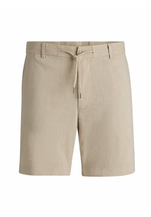 Beige shorts made of linen, featuring an elastic waistband with a drawstring, two side pockets, and a relaxed fit.