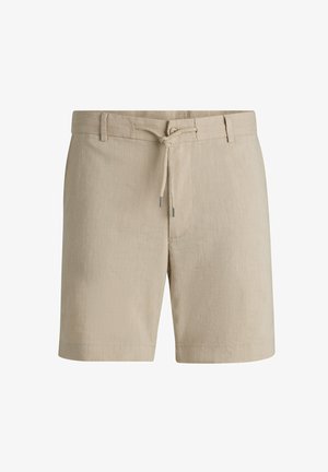 Shorts beiges en lin, avec une taille élastique munie d'un cordon de serrage, deux poches latérales et une coupe décontractée.