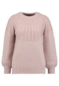 Jasnoróżowy sweter z dzianiny z wysokim, okrągłym dekoldem oraz poziomym wzorem prążków na górnej części klatki piersiowej, z długimi, bufiastego kroju rękawami z prążkowanymi mankietami.