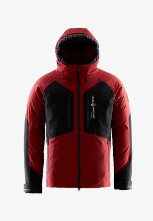 Red and black waterproof jacket with a hood, featuring zippered front pockets, elastic cuffs, and reinforced shoulders. Logo printed on the chest.
