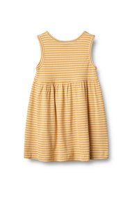 Gelbes gestreiftes Kleid mit ärmellosem Design und geraffter Taille. Weicher Stoff mit glatter Textur, endet knapp über dem Knie.
