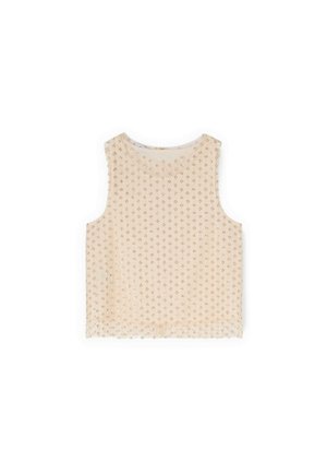 Ærmeløs beige cropped top med små guldfolie firkantede mønstre jævnt fordelt over stoffet.