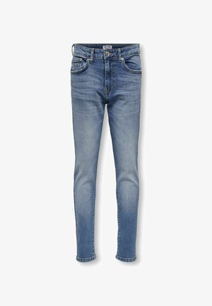 Jean skinny en denim bleu clair, présentant un design classique à cinq poches, une fermeture éclair avec bouton, et un léger délavage pour un effet texturé.