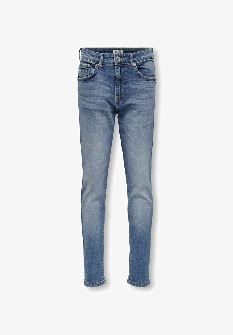 Skinny jeans in light blue denim, featuring a classic five-pocket design, zip fly with button, and subtle fading for texture.