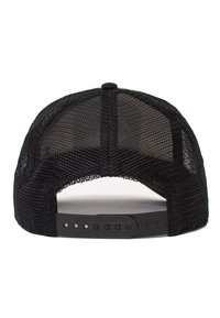 Cappellino snapback in rete nera con una fascia regolabile in plastica nera e pannelli di ventilazione sul retro. Tessuto testurizzato all'esterno.