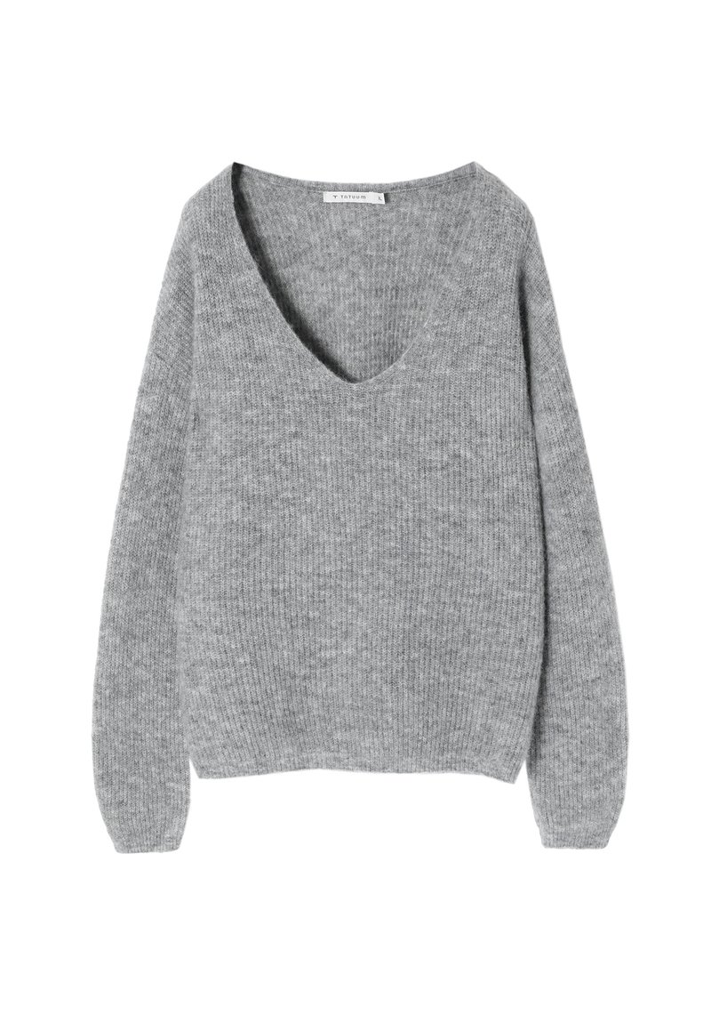 Szary sweter z długim rękawem, dziany, z głębokim dekoltem w kształcie litery V. Miękka tekstura, lekko luźny krój i prążkowane mankiety. Bez wzorów ani ozdób.
