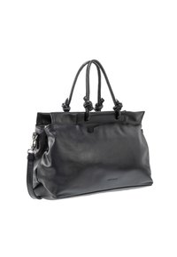 Schwarze Lederhandtasche mit glatter Textur, zwei geknoteten Griffen und einem abnehmbaren Schulterriemen, mit einem Reißverschlussverschluss oben.